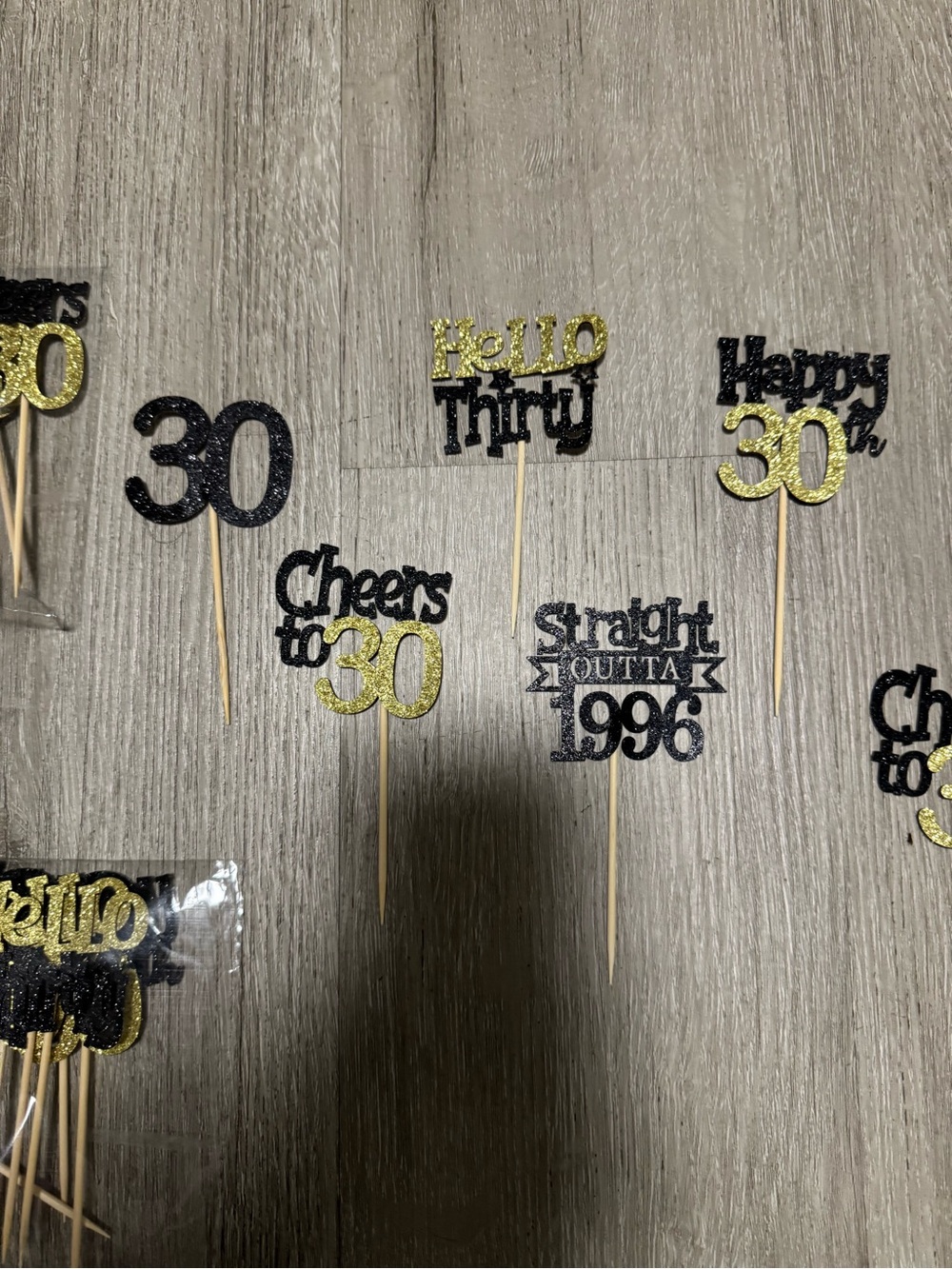 30th Birthday Cupcake Toppers - Black and Gold